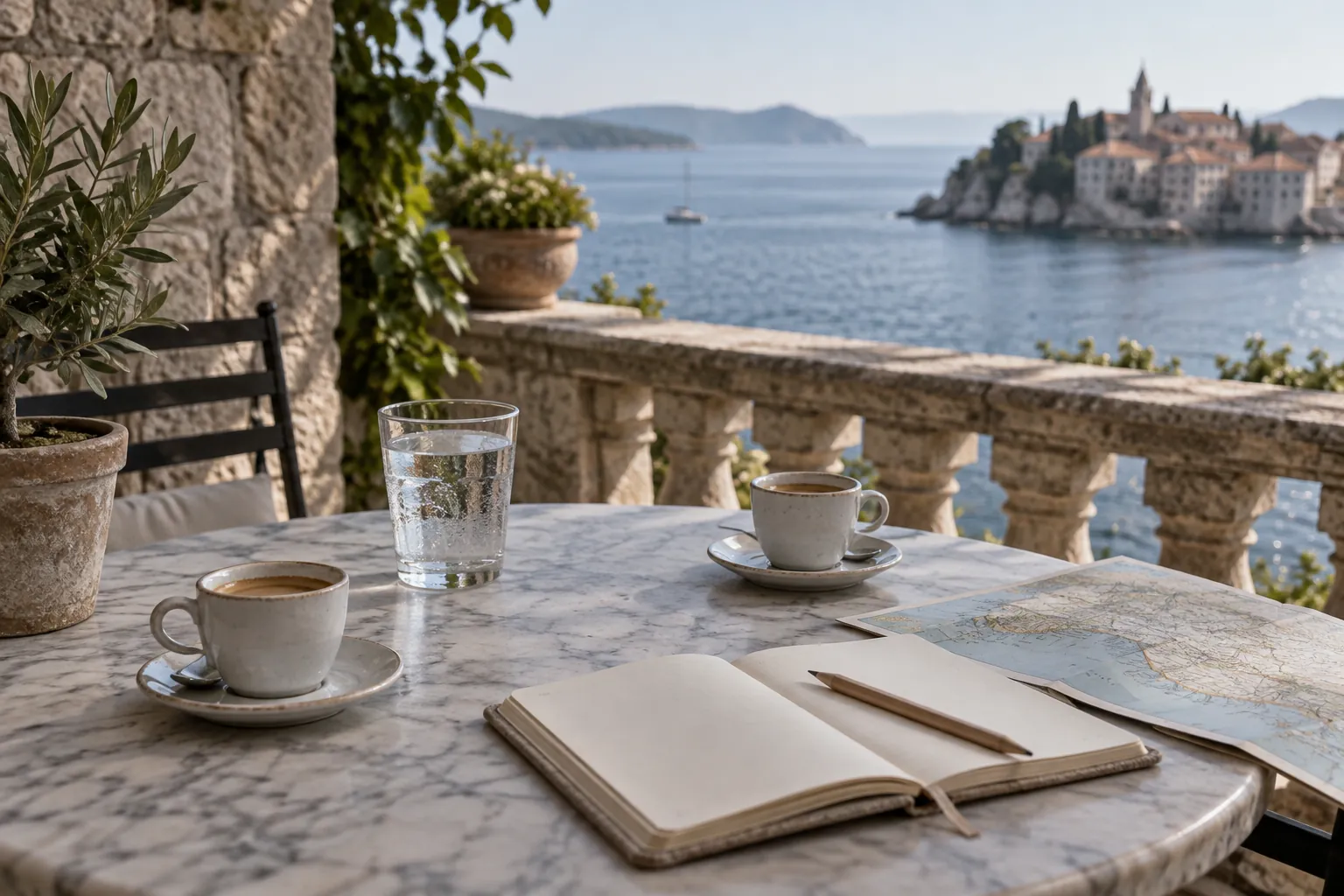 Zwei Espressotassen, ein offenes Notizbuch und eine Karte auf einem Marmortisch über dem Meer