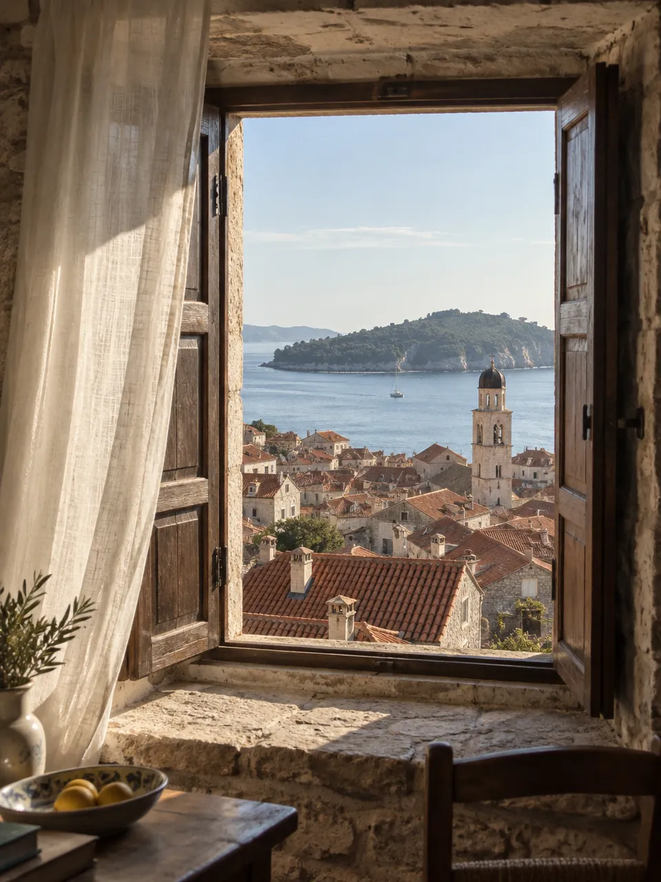 Blick aus einem Fenster mit Holzläden über Ziegeldächer und Glockenturm aufs Meer und eine Insel