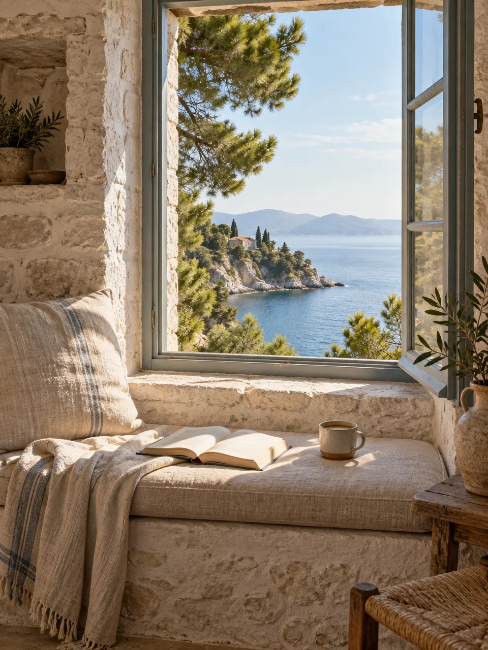 Sonnige Fensterbank mit Leinenkissen, Buch und Kaffeetasse vor einem offenen Fenster mit Blick auf Pinien und Meer