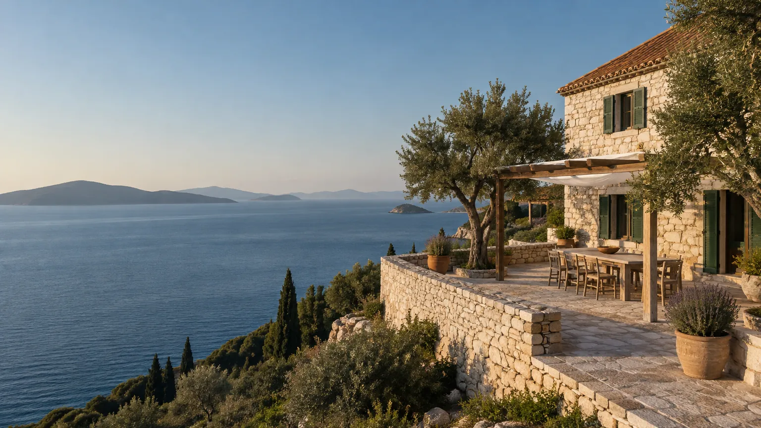 Restauriertes Natursteinhaus mit Terrasse, Pergola und Olivenbaum über der Adria im Nachmittagslicht