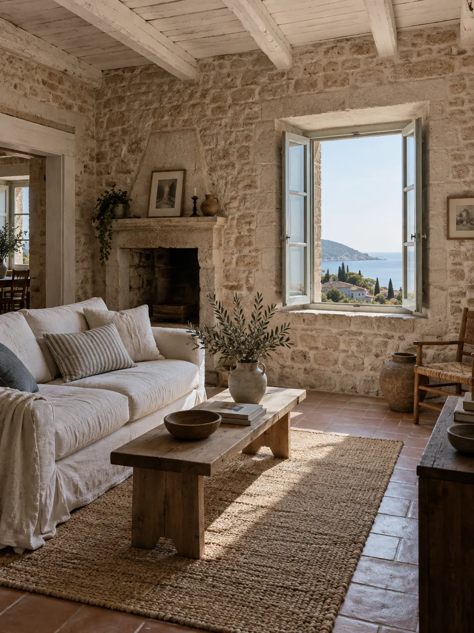 Renoviertes Wohnzimmer in einem Steinhaus mit Natursteinwänden und Holzbalken