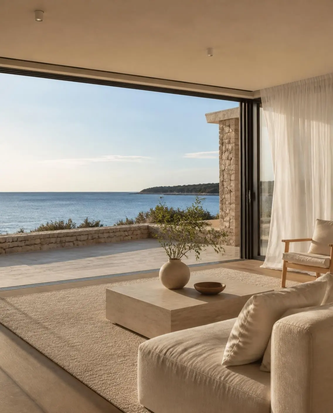 Minimalistisches Wohnzimmer mit raumhohen, geöffneten Glastüren zur Terrasse und zum Meer