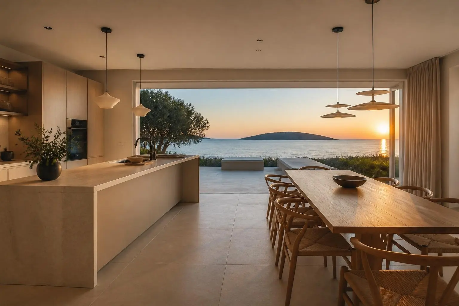 Moderne Küche mit langem Esstisch und Fenster zum Meer bei Sonnenuntergang