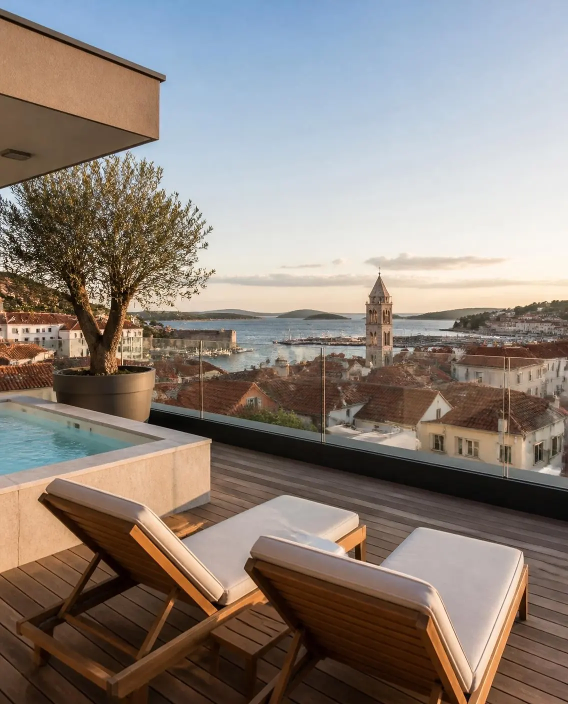 Dachterrasse mit kleinem Pool und Liegen über den Dächern einer dalmatinischen Altstadt