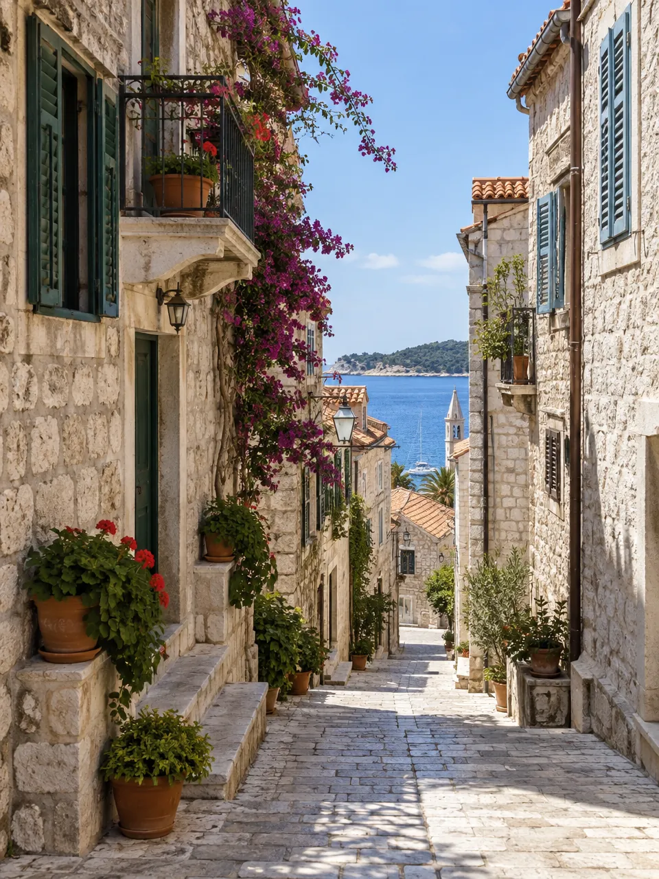 Gasse aus hellem Kalkstein mit Fensterläden und Blick aufs Meer in einem dalmatinischen Küstenort