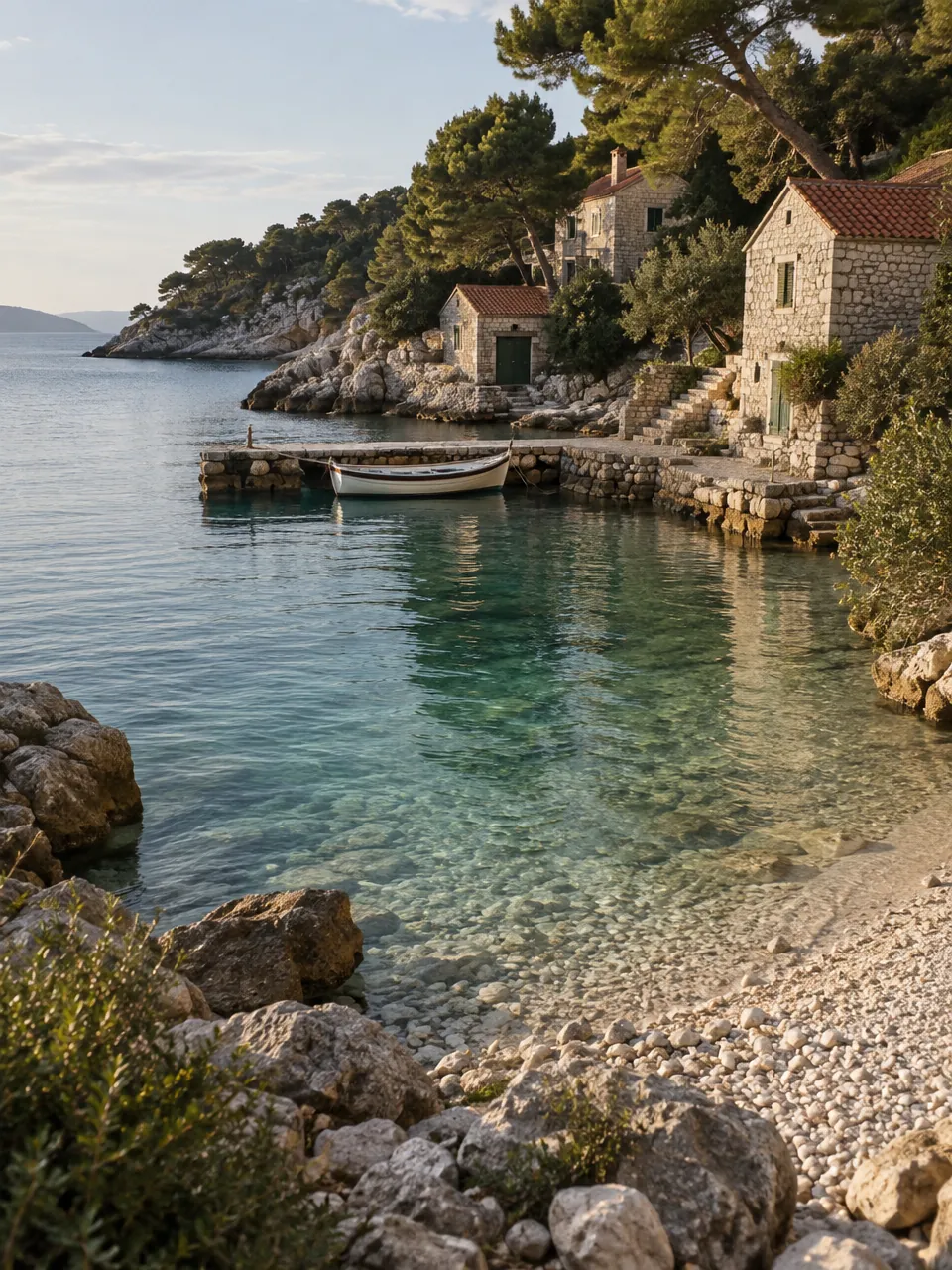 Kleine Inselbucht mit Kieselstrand, Steinhäusern, Holzboot und Pinien