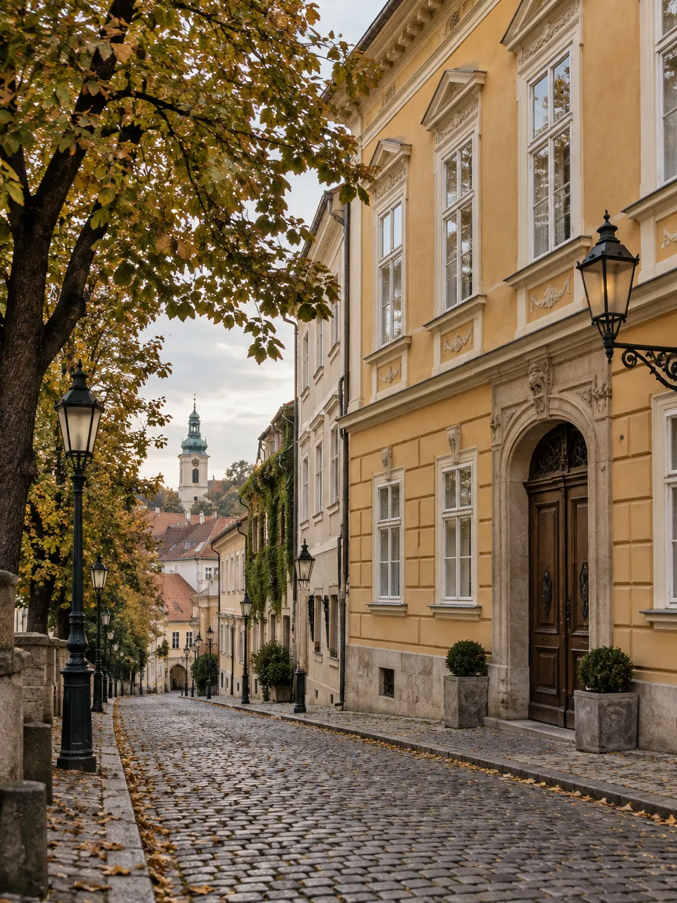 Historisches Stadthaus in der Zagreber Oberstadt an einer Kopfsteinpflastergasse im Herbst