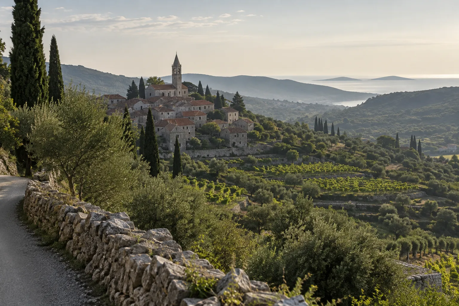 Blick über Weinberge und Olivenhaine auf ein kroatisches Dorf mit Glockenturm, in der Ferne das Meer