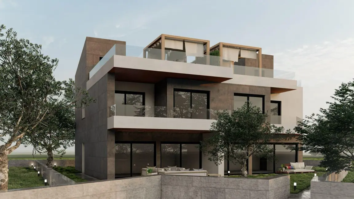 Visualisierung: Haus 2 mit Dachterrassen, Pergolen und Glasbrüstungen