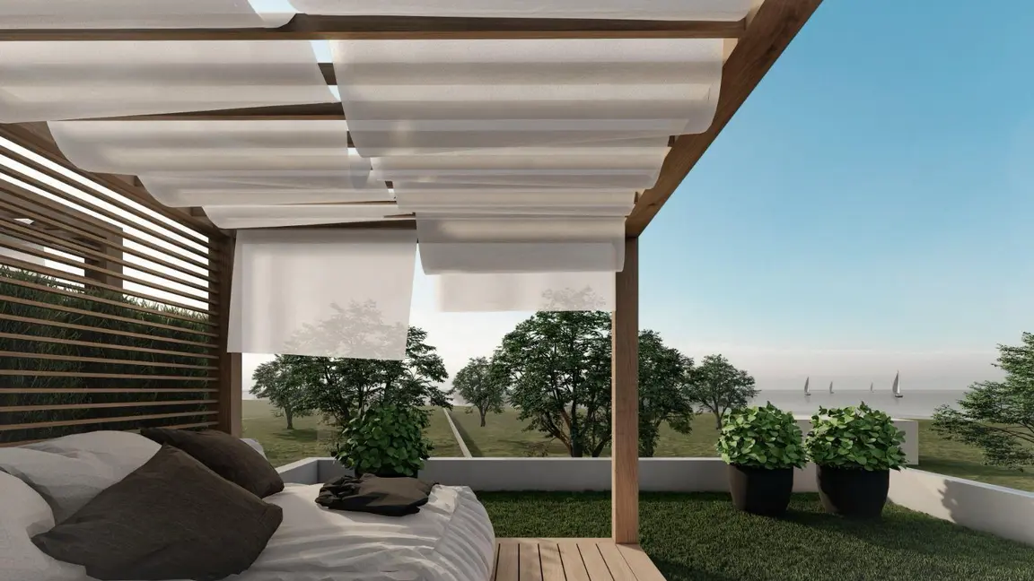 Visualisierung: Pergola auf der Dachterrasse mit Blick aufs Meer