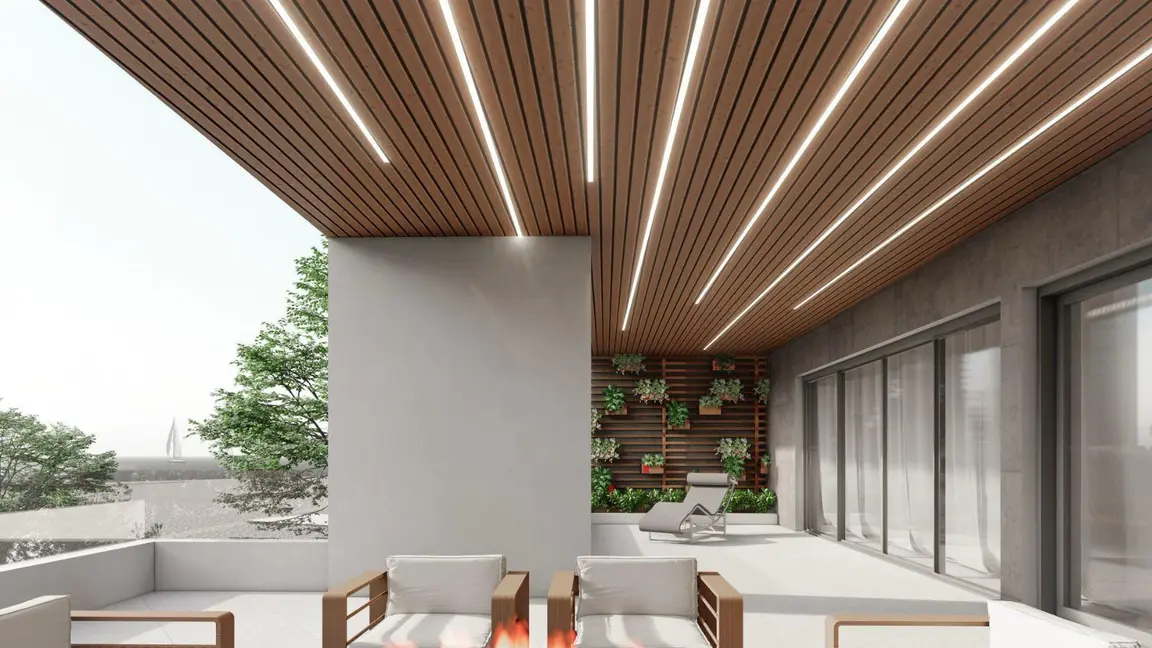Visualisierung: überdachte Terrasse mit Lounge und Holzdecke