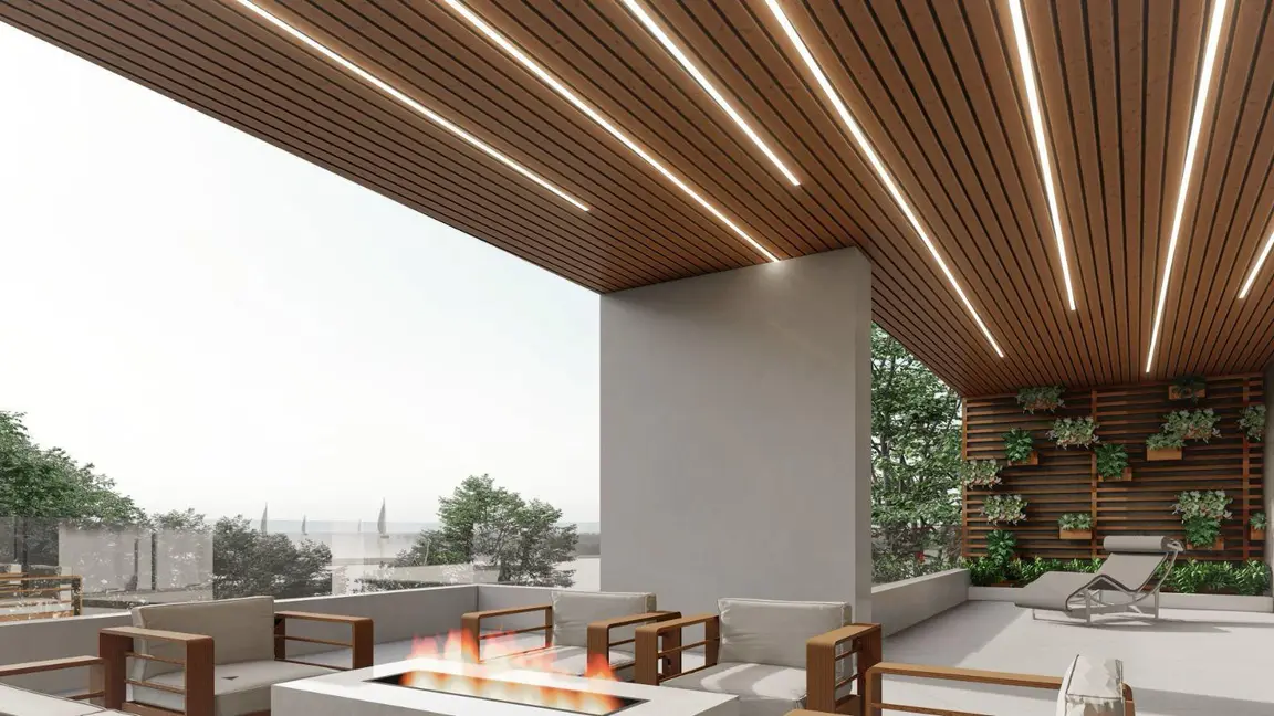 Visualisierung: Lounge mit Feuertisch unter der beleuchteten Holzdecke