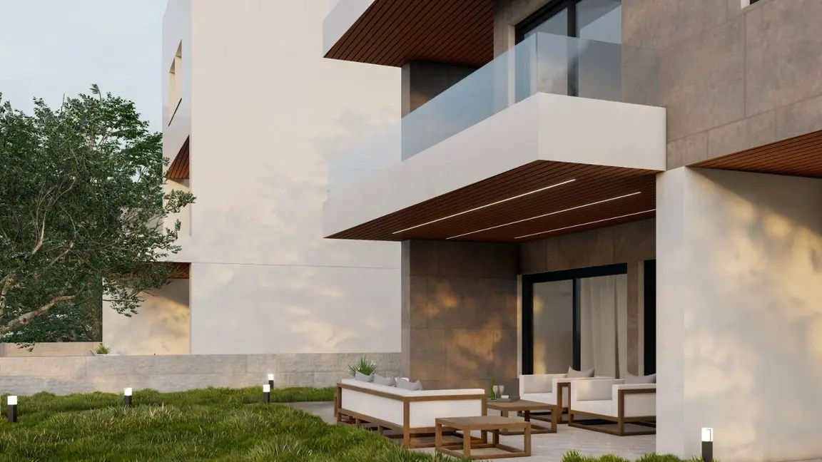 Visualisierung: Gartenterrasse im Erdgeschoss mit Sitzgruppe