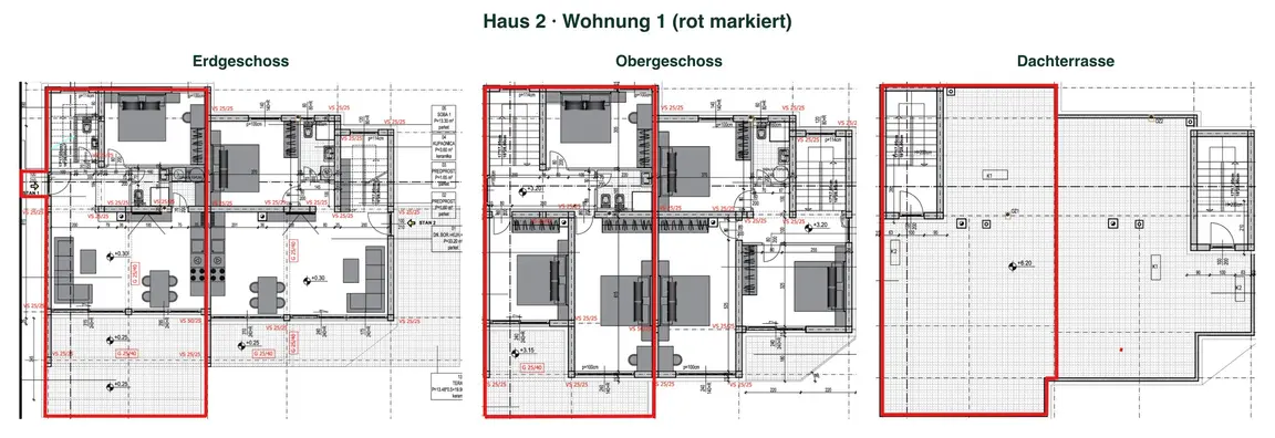 Grundriss Haus 2, Wohnung 1: Erdgeschoss, Obergeschoss und Dachterrasse