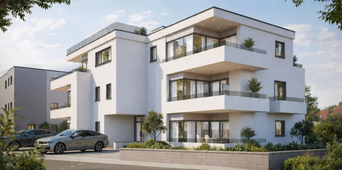 Visualisierung: das Wohnhaus mit Terrassen und Glasbrüstungen