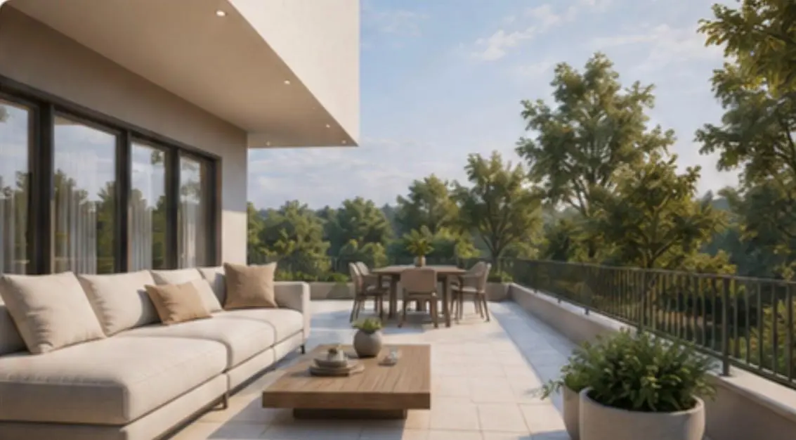 Visualisierung: Terrasse mit Lounge und Essplatz im Grünen