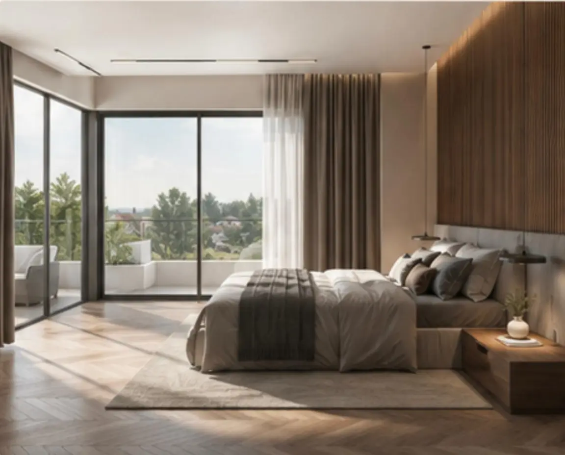 Visualisierung: Schlafzimmer mit Fenstertür zur Terrasse